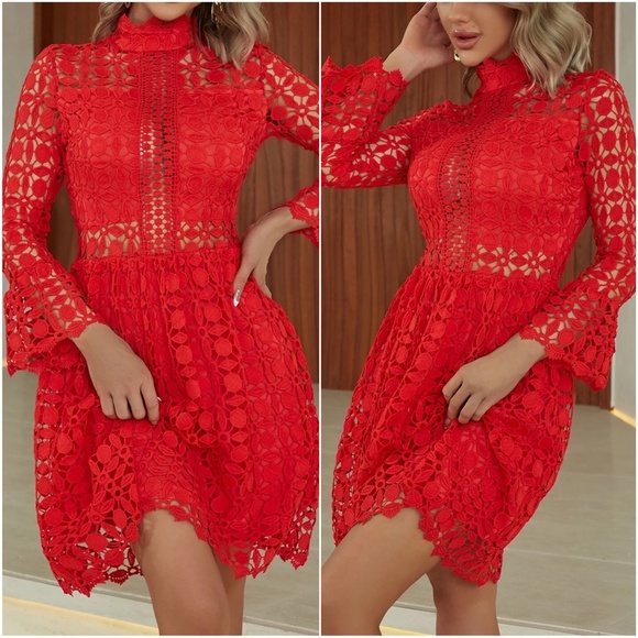 Luxurious Ruffle Sleeve Lace Party Holiday Evening Dress - Picture 8 of 15